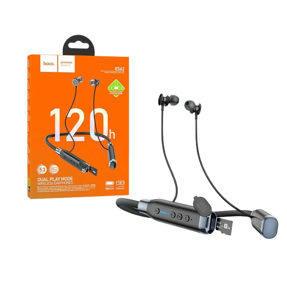 Hoco ES62 Dual Play Mode Bluetooth-5.3 Neckband, Wireless Headphone Battery Life 120Houres In A Single Charge.